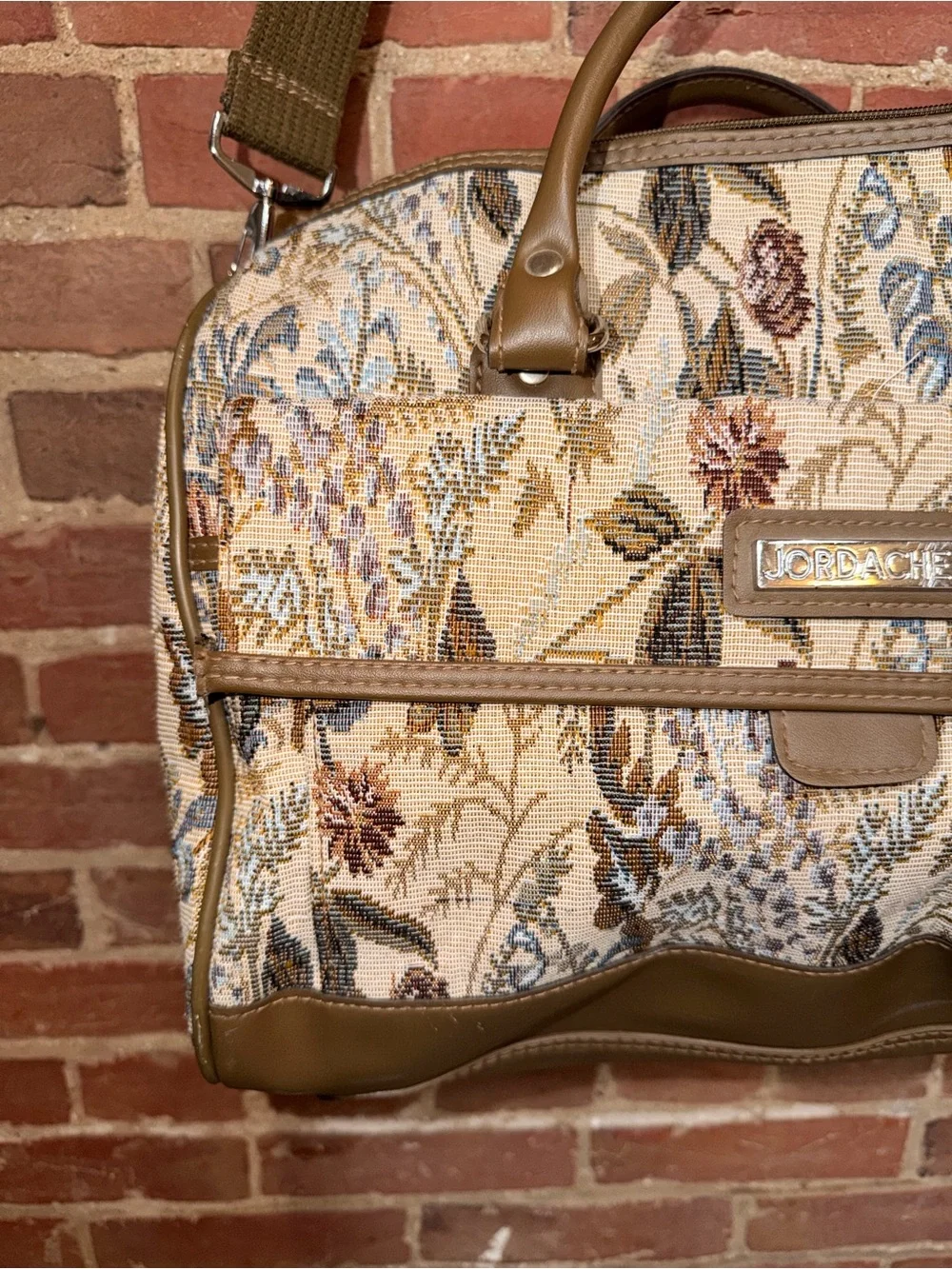 Jordache Floral Tapestry Satchel Handle Bag Shoulder Strap Olive Brown Trim